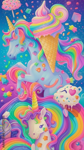 rainbows and ice creams and unicorns in style of tripping psychedelic  vibrant pastel colors
