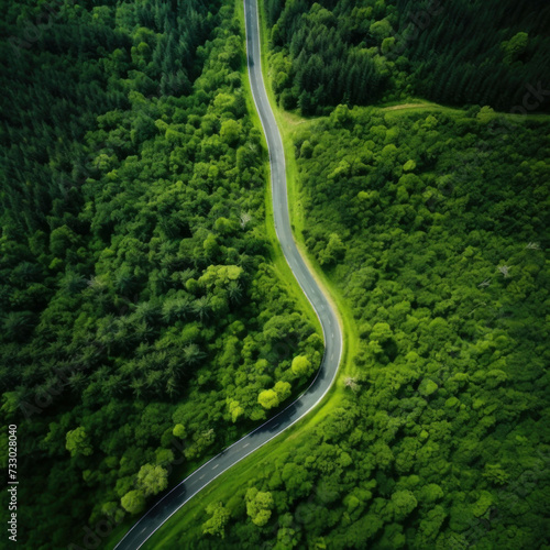 Immerse yourself in the beauty of a hilltop landscape, with an aerial view capturing the fresh green scenery and winding asphalt road. AI generative.