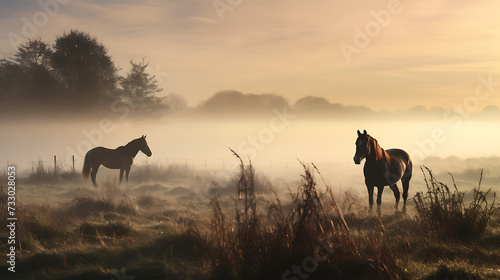 A horse standing in a misty morning field © Muhammad