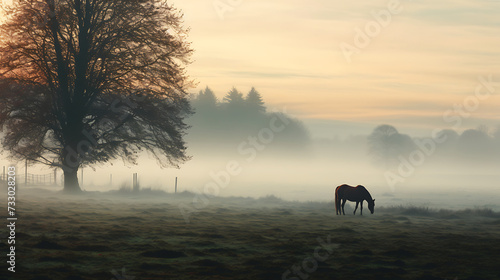 A horse standing in a misty morning field