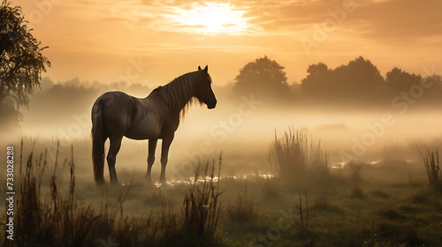 A horse standing in a misty morning field © Muhammad