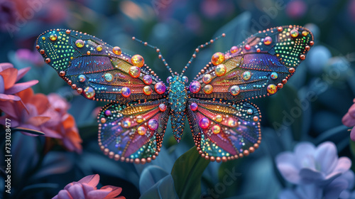 Vibrant ultra realistic jeweled butterfly brooch in amphibian-inspired neon botanical garden