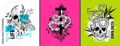 Set of art posters with skulls and snakes. Hand drawn vector illustrations for covers and prints