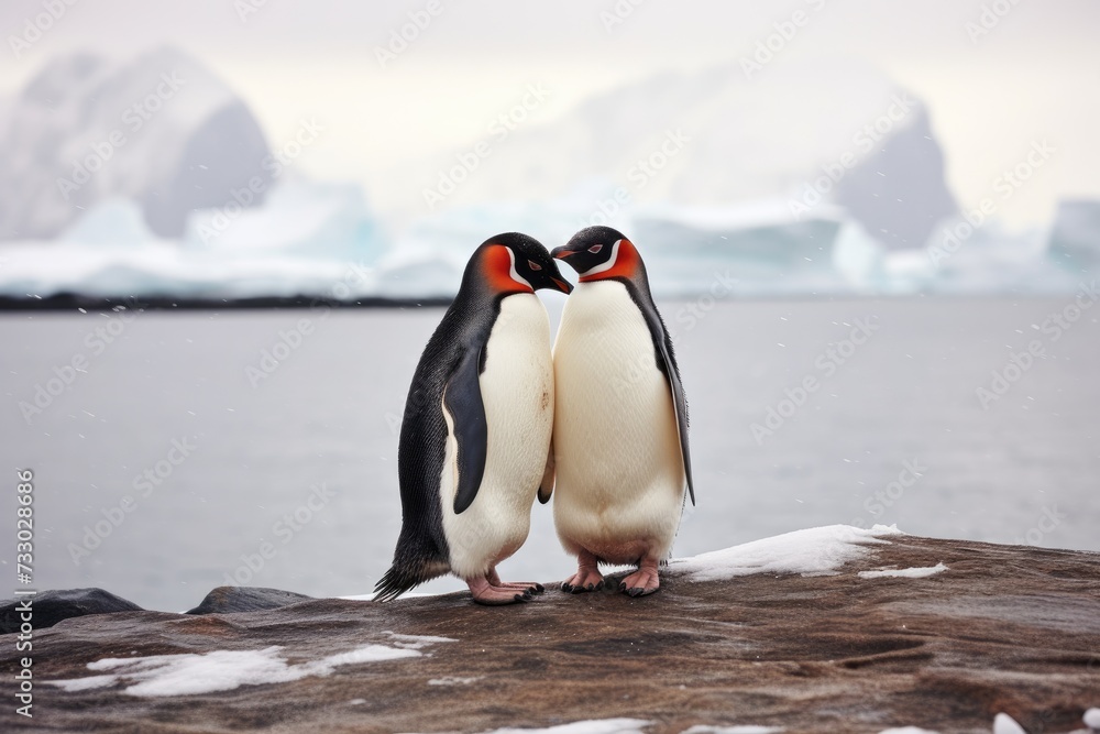 Obraz premium A couple of penguins are seen standing on top of a rock, showcasing their natural habitat and behavior.