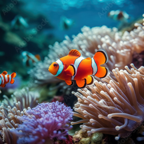 Immerse yourself in the beauty of the ocean with a clownfish swimming near colorful coral and anemones. AI generative. © น้ำฝน สามารถ