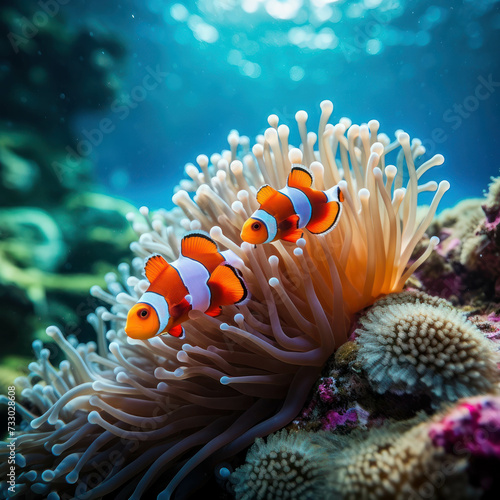 Explore the underwater world as a clownfish gracefully glides past vibrant coral reefs and anemones. AI generative.