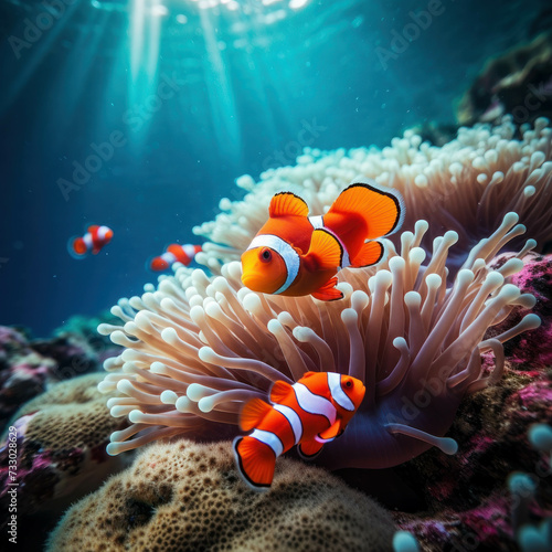 Explore the underwater world as a clownfish gracefully glides past vibrant coral reefs and anemones. AI generative.