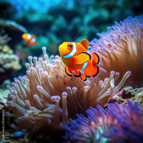 Explore the underwater world as a clownfish gracefully glides past vibrant coral reefs and anemones. AI generative. © น้ำฝน สามารถ
