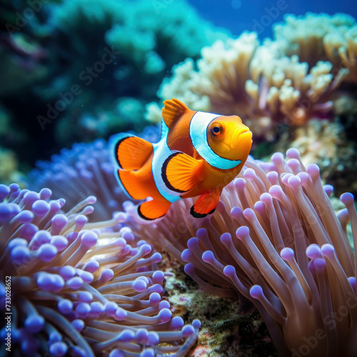Dive into the vibrant marine life with a clownfish swimming among colorful coral and anemone. AI generative. © น้ำฝน สามารถ