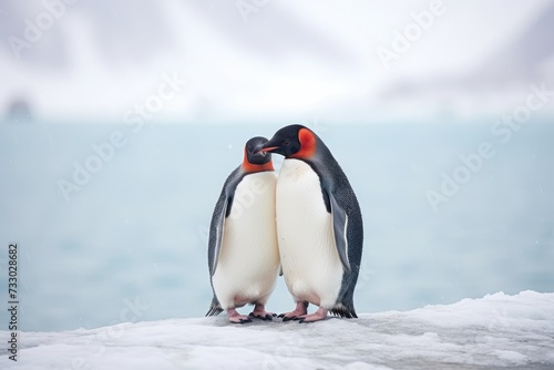 A photo of a pair of penguins standing side by side  expressing companionship and unity.