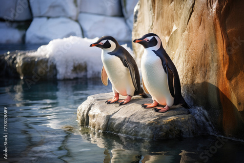 Two penguins are standing on a rock in the water, with one penguin slightly taller than the other.