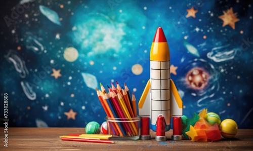 A toy rocket is placed on top of a sturdy wooden table.