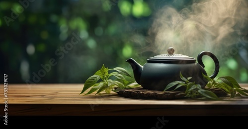 A teapot sits on a sturdy wooden table, creating a simple yet elegant composition.