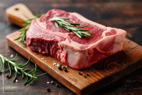 Raw rib eye steak of beef on wooden Board with seasonings and rosemary prepared for grill