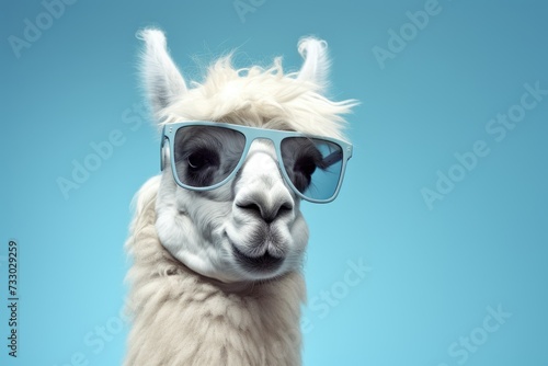 A llama stands against a blue sky background wearing stylish sunglasses. © pham