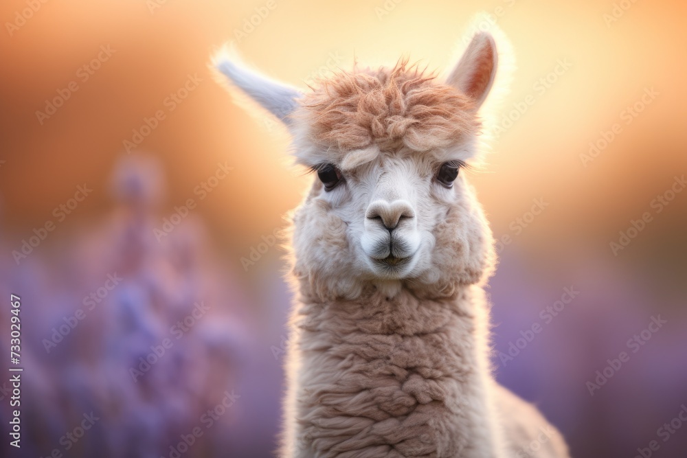 A detailed view of a llama up close, set against a blurry background.