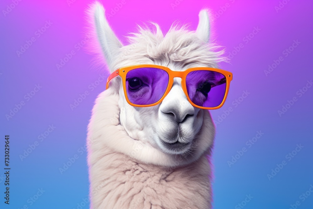 A llama confidently wears sunglasses while standing against a vibrant purple background.