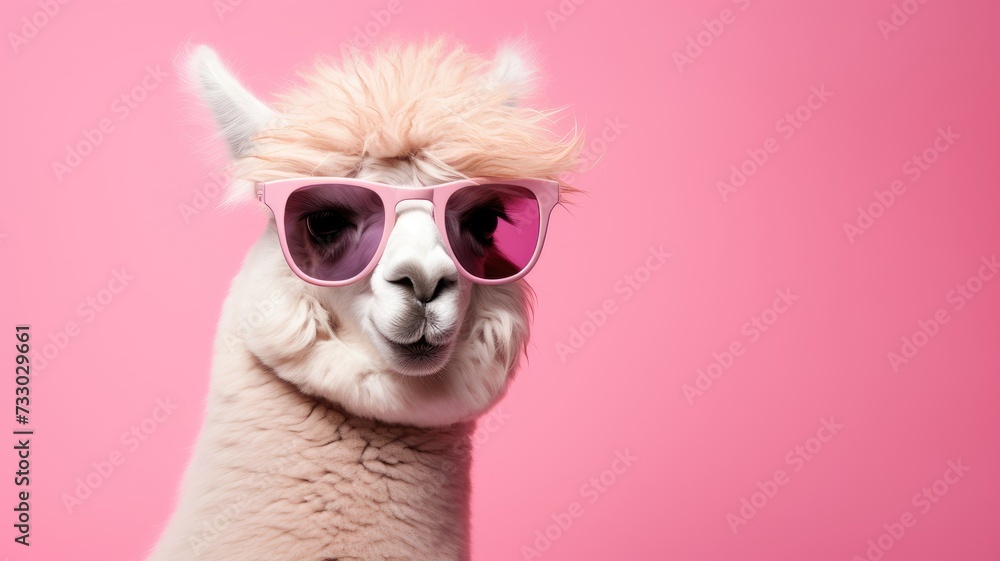 A llama with sunglasses stands against a vibrant pink backdrop.