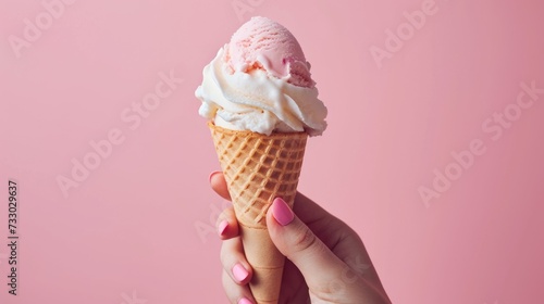 A woman's hand holding an ice cream cone against a pastel color background