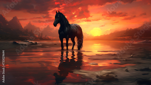 A horse with a beautiful sunset in the background