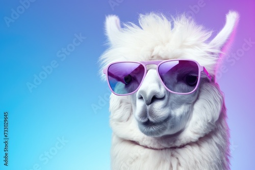 A llama standing with sunglasses placed on its head, showcasing its quirky and adorable style. © pham