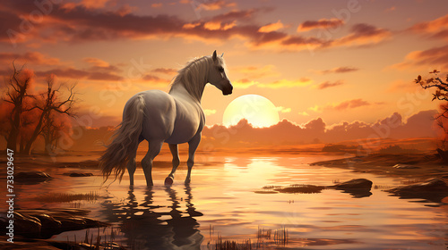 A horse with a beautiful sunset in the background © Muhammad