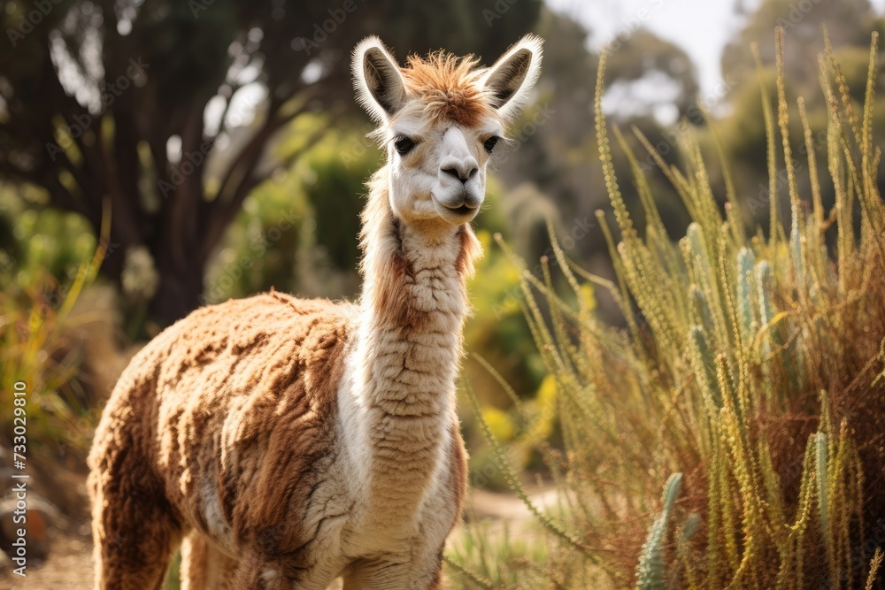 An alpaca stands confidently in the middle of a vast field, surrounded by nature. An alpaca stands confidently in the middle of a vast field, surrounded by nature.