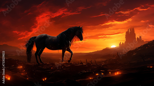 A horse with a beautiful sunset in the background © Muhammad