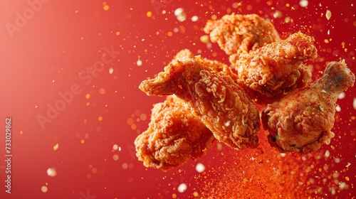 Crispy fried chicken surrounded by spices floating in the air against a red background. Illustration concept