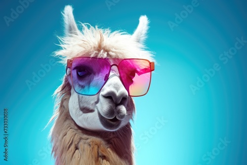 A llama wearing sunglasses stands against a blue background.