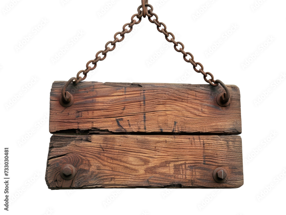 Old wooden sign with chains on it, isolated on transparent background, PNG Old wooden sign with chains on it, isolated on transparent background, PNG