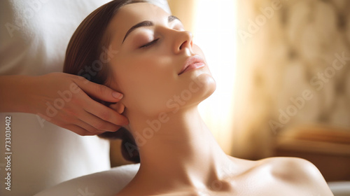 Portrait of a charming woman having her neck, shoulders and back massaged by an unrecognizable masseuse in a medical clinic. A young girl feels happy and relaxed.