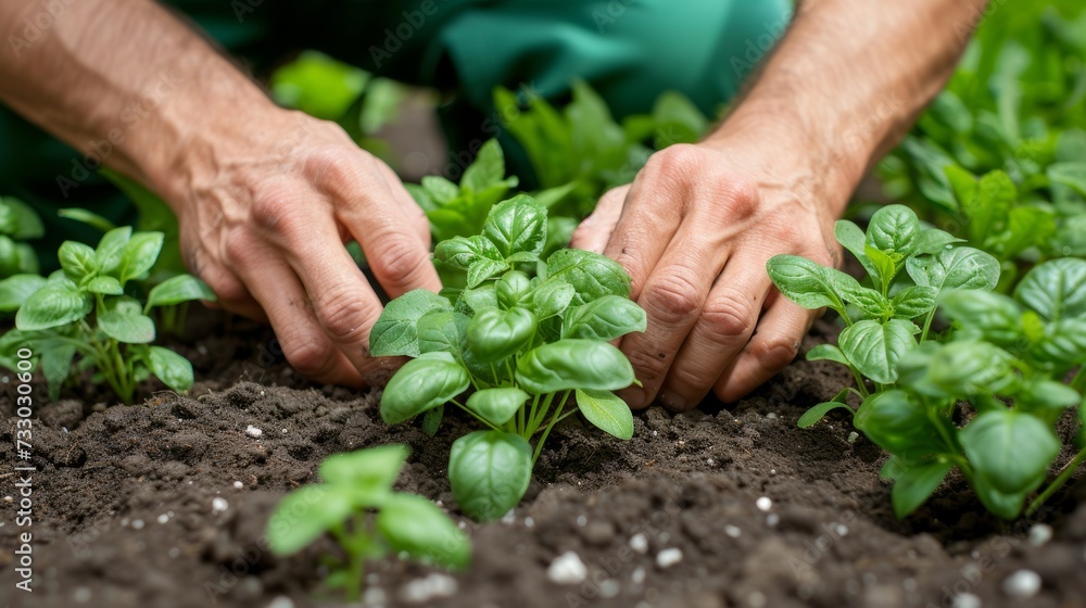 Close-up of hands gardening, with soil and plants, conveying the love for cultivation