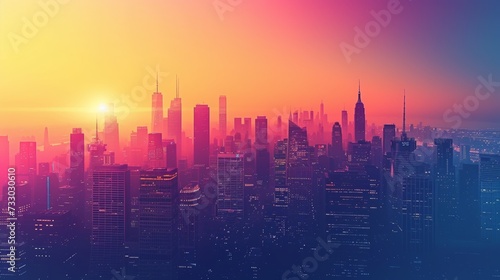 Abstract city skyline silhouettes against a gradient backdrop symbolize the urban hustle