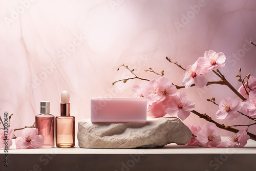A luxury perfume and serum on the rock of nature on a pink background, with some flowers and cheri blossom photo