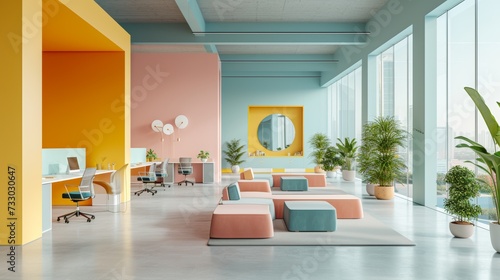 Clean lines and soft pastel colors suggest an open workspace conducive to cre...