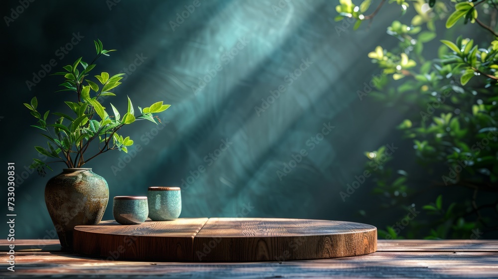 Natural elegance, wooden product display stand. It is set against a backdrop of lush green bokeh and a sunny atmosphere. Reminiscent of tranquility and beauty. Natural elegance, wooden product display stand. It is set against a backdrop of lush green bokeh and a sunny atmosphere. Reminiscent of tranquility and beauty.