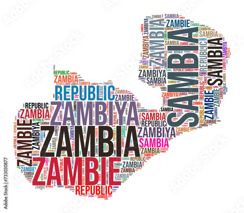 Zambia country shape word cloud. Typography style country illustration. Zambia image in text cloud style. Vector illustration.