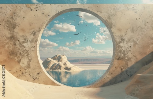 an oval style hole in the desert with some birds and stars in the sea