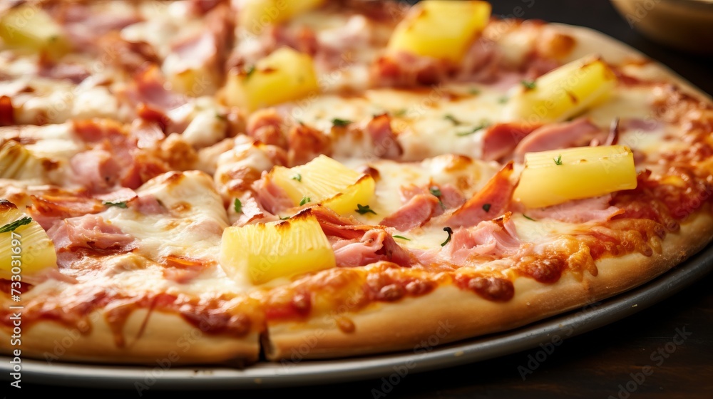 A closeup of a pineapple and ham hawaiian pizza A closeup of a pineapple and ham hawaiian pizza