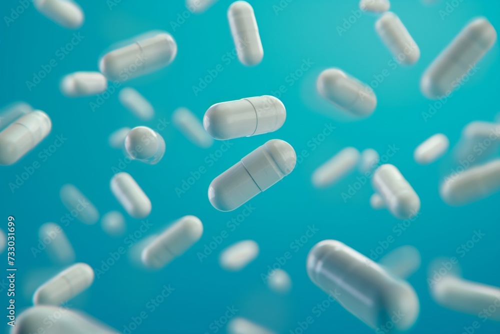 Many white capsules levitate against blue background