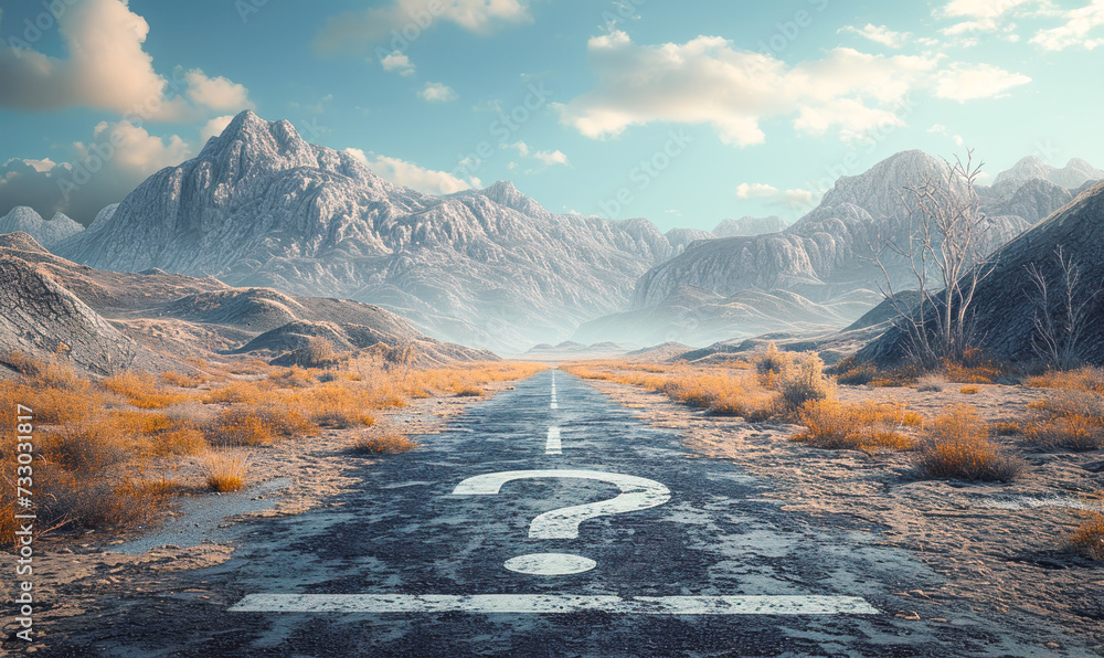 A conceptual 3D illustration of a road transforming into a question mark, symbolizing uncertainty, decision making, and the journey of seeking answers - obrazy, fototapety, plakaty 
