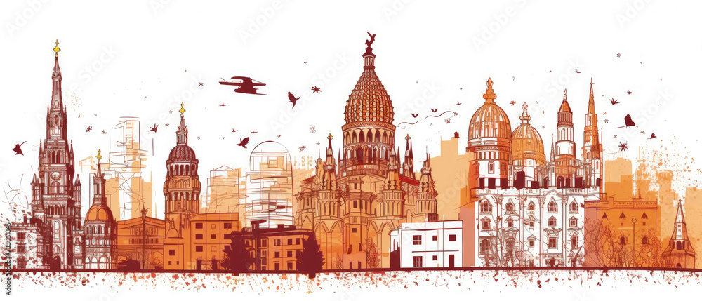 Spain Landmarks Skyline Silhouette Style, Colorful, Cityscape, Travel and Tourist Attraction