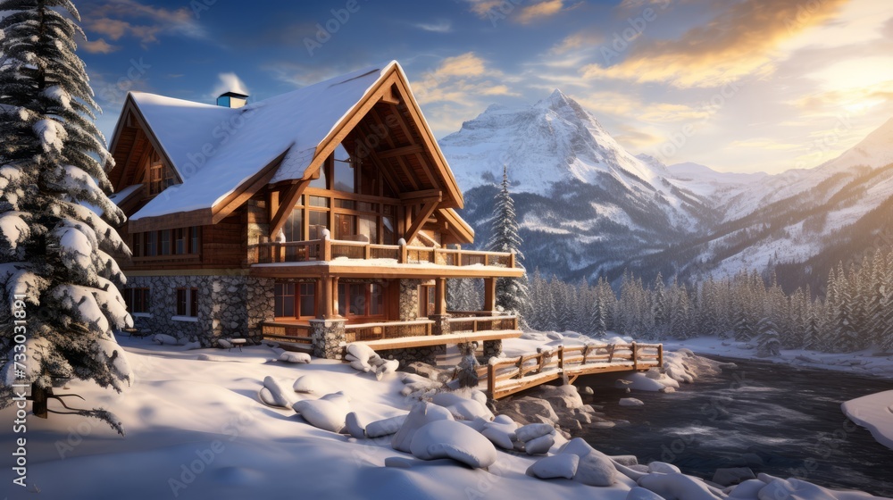 A cozy mountain cabin with snow covered trees for a winter backdrop