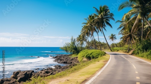 A coastal road with palm trees and blue skies © Cloudyew