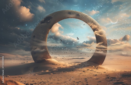 an oval style hole in the desert with some birds and stars in the sea
