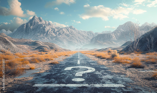 A conceptual 3D illustration of a road transforming into a question mark, symbolizing uncertainty, decision making, and the journey of seeking answers photo