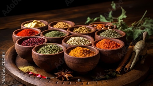 A collection of ayurvedic herbs and spices in wooden bowls