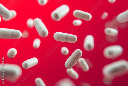 Many white capsules levitate against red background