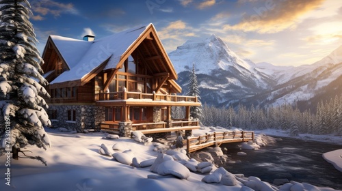 A cozy mountain cabin with snow covered trees for a winter backdrop © Cloudyew